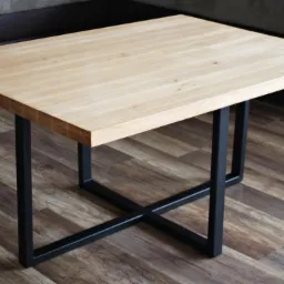 Kwadratowy stolik kawowy z jasnego drewna z widocznym usłojeniem i czarnymi, metalowymi nogami w kształcie krzyża na drewnianej podłodze.