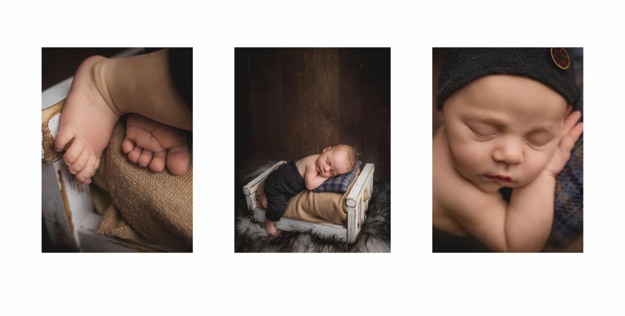 Kolaż z sesji noworodkowej: zbliżenie stóp dziecka w drewnianej skrzynce na jutowym tle, śpiący noworodek w ciemnych spodniach leżący na miniaturowym łóżeczku z drewnianym tłem, oraz zbliżenie...
