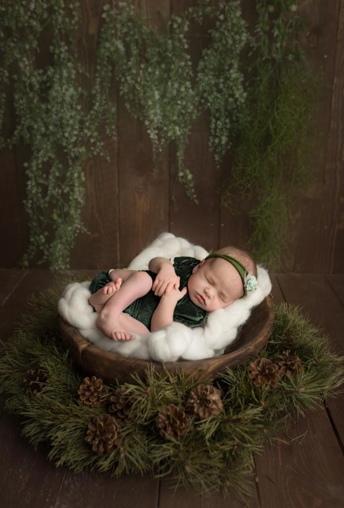 Śpiący noworodek w zielonym welurowym ubranku i opasce z kwiatkiem, ułożony w drewnianej misie wyłożonej białym puchem, otoczonej gałązkami sosny i szyszkami na tle drewnianej ściany z wiszącymi...