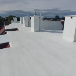 Biały dach po renowacji z kominami wentylacyjnymi na tle zabudowy miejskiej i pochmurnego nieba. Widok z góry.