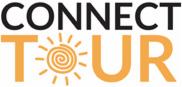 Logo firmy 'Connect Tour' z czarnym napisem 'CONNECT' nad pomarańczowym napisem 'TOUR' z symbolem słońca wkomponowanym w literę O.