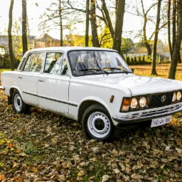 Klasyczny biały samochód osobowy FSO 125p zaparkowany na trawie pokrytej opadłymi liśćmi, w tle drzewa i budynki w jesiennym słońcu.