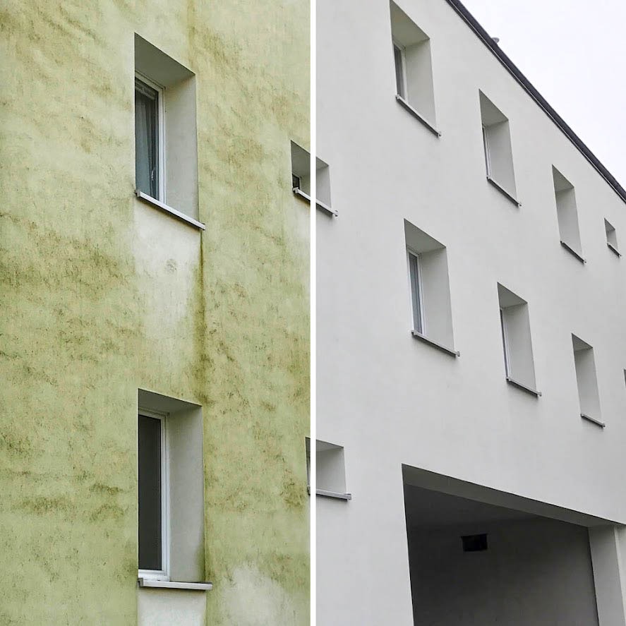 Budynek przed i po czyszczeniu elewacji: zielony, zabrudzony mur kontra biała, odnowiona fasada z regularnym układem okien i wjazdem do garażu.