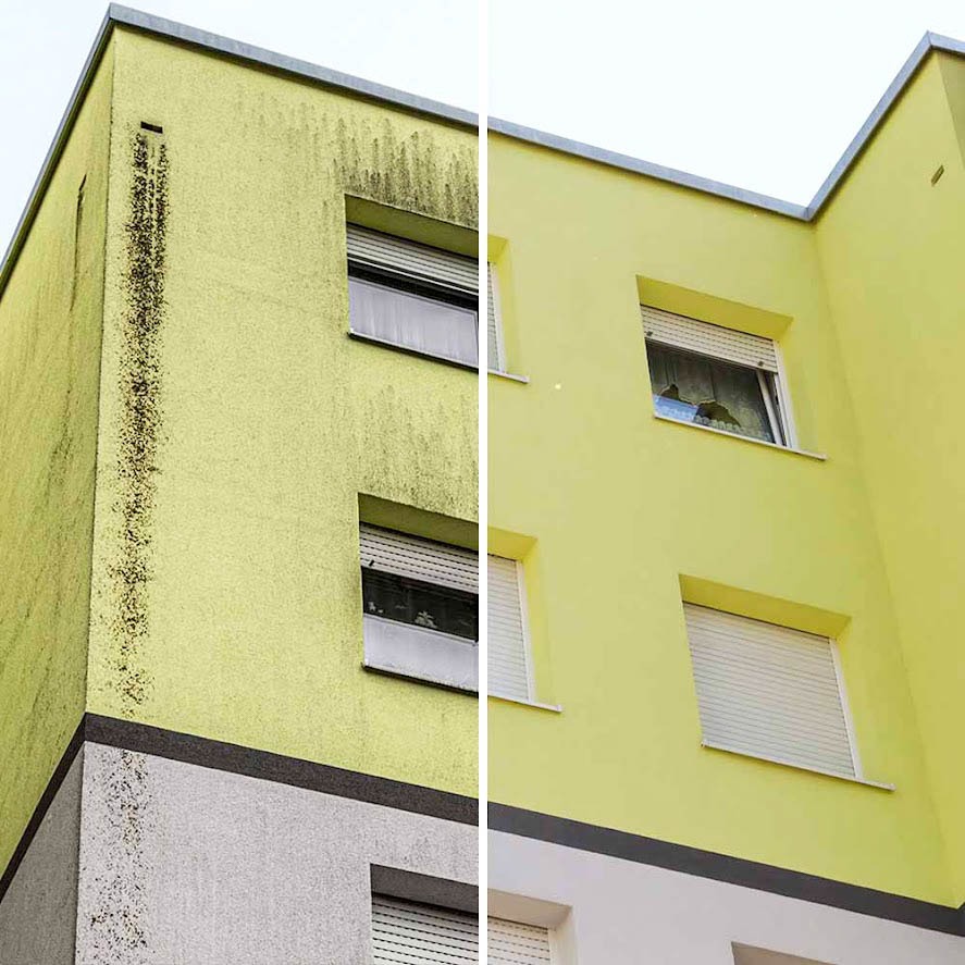 Żółta elewacja budynku podzielona pionowo: lewa strona brudna, prawa świeżo umyta. Okna z roletami. Efekt przed i po czyszczenia.