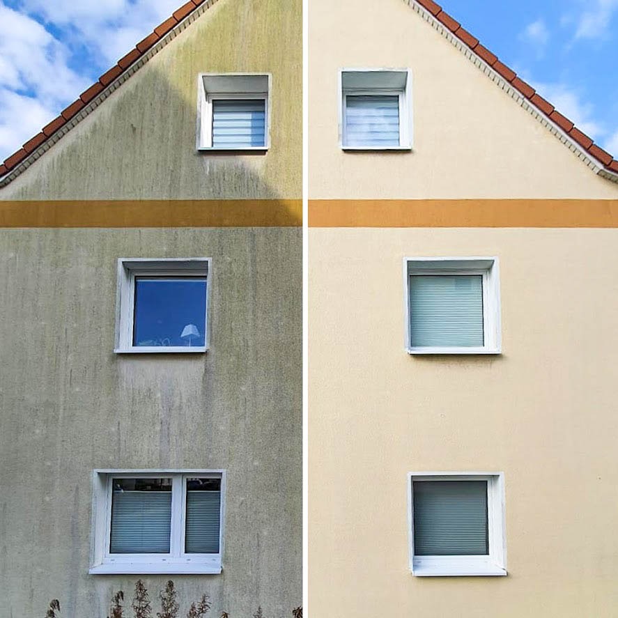 Elewacja budynku przed i po czyszczeniu, z widoczną różnicą w kolorze i usunięciu zabrudzeń. Po prawej stronie elewacja jest czysta i ma jasny, beżowy odcień.