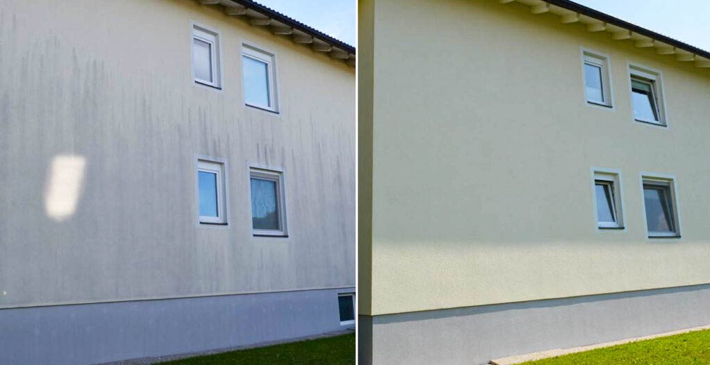 Elewacja budynku przed i po czyszczeniu: po lewej brudna, po prawej czysta, z otwartym oknem. Widoczny fragment trawnika i podmurówka.