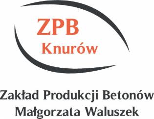 Logo firmy ZPB Knurów, Zakład Produkcji Betonów Małgorzata Waluszek, z elementami graficznymi w kolorze czarnym i pomarańczowym na białym tle.