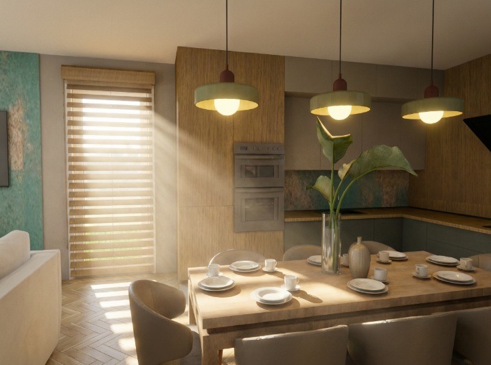 Jasna jadalnia z drewnianym stołem, nakrytym do posiłku, oświetlona trzema lampami wiszącymi. W tle zabudowa kuchenna i okno z żaluzjami wpadające promienie słoneczne.