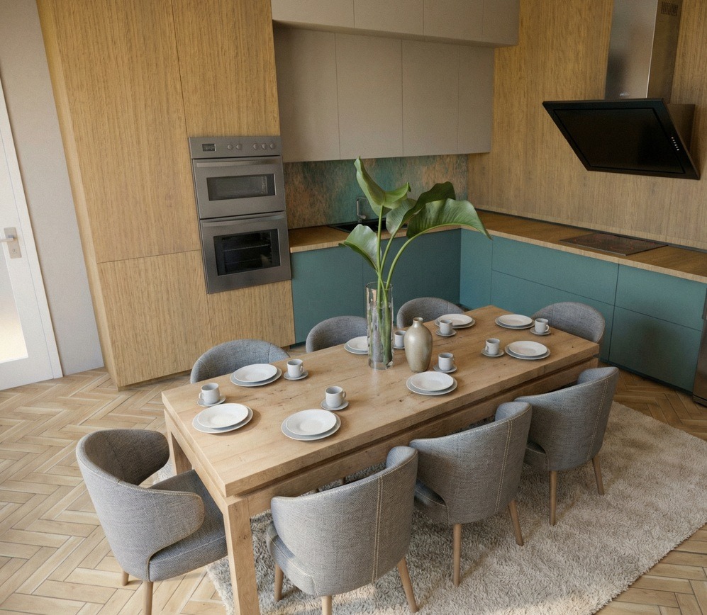 Nowoczesna kuchnia z drewnianymi szafkami i turkusowymi akcentami. Stół z szarymi krzesłami, nakryty do posiłku, stoi na puszystym dywanie. Minimalistyczny design.