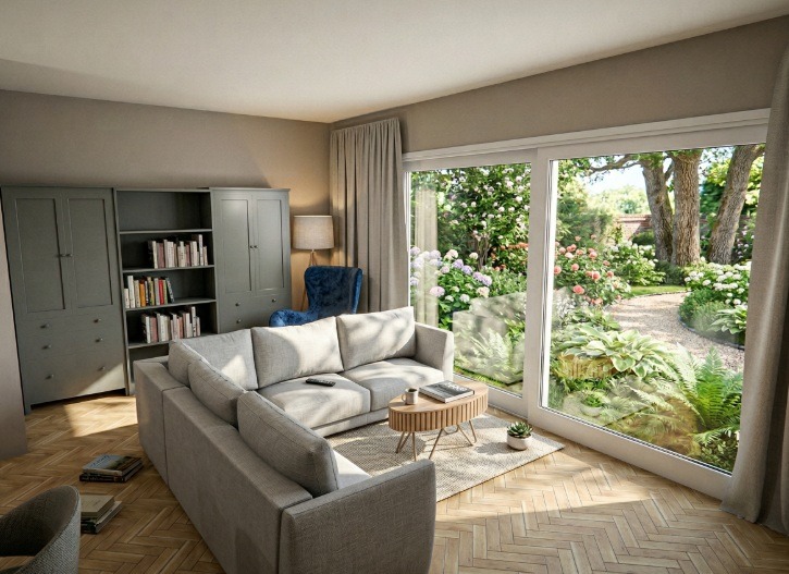 Jasne wnętrze salonu z szarą sofą narożną, regałem na książki i widokiem na ogród przez duże okno przesuwne. Parkiet w jodełkę na podłodze.