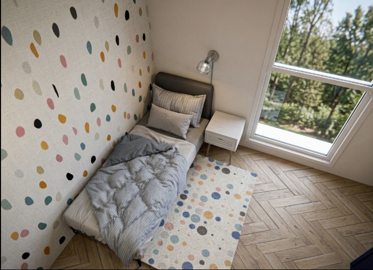 Kompaktowa sypialnia dziecięca z łóżkiem jednoosobowym, wzorzystą tapetą w kropki i dywanem w podobnym stylu. Widok z góry, okno z widokiem na zieleń.