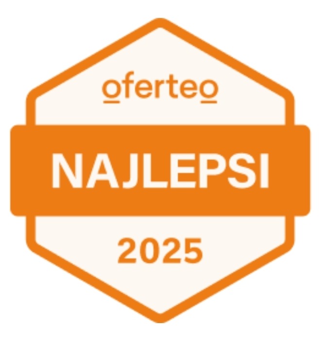Oferteo - Najlepsi 2025. Pomarańczowo-biała odznaka z napisem 'Oferteo' u góry, 'NAJLEPSI' pośrodku i '2025' na dole.