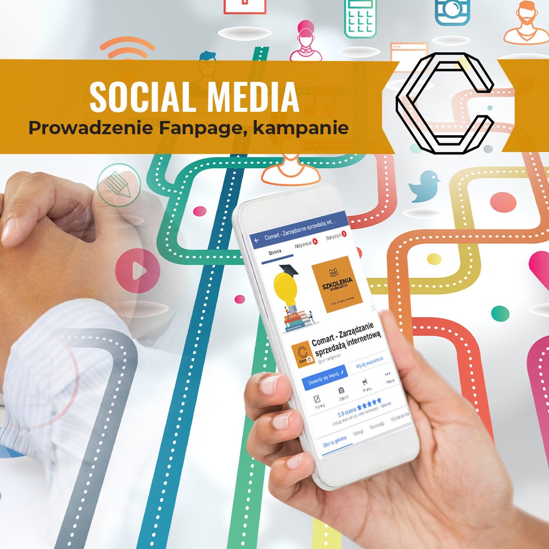 Grafika reklamowa: dłoń trzymająca smartfon z otwartą stroną firmową na Facebooku, promująca prowadzenie fanpage i kampanie w social media.