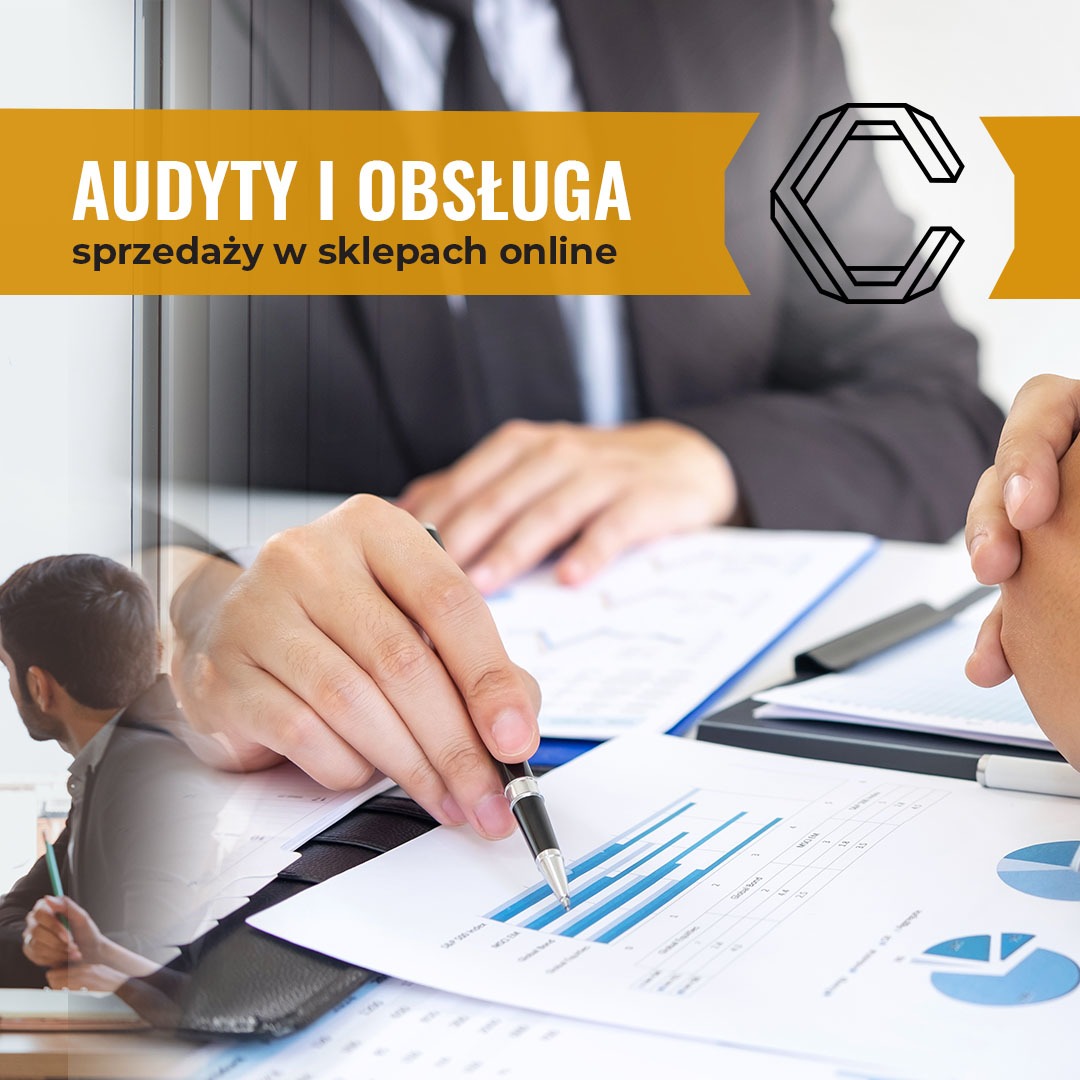Analiza danych sprzedażowych sklepu internetowego: ręka wskazująca na wykres słupkowy z danymi, widoczny fragment logo i napis 'Audyty i obsługa sprzedaży w sklepach online'.