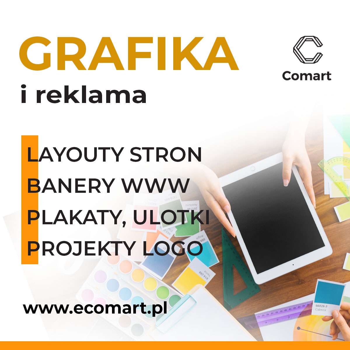 Stół roboczy z tabletem, próbkami kolorów, akwarelami i przyborami kreślarskimi, prezentujący usługi graficzne: layouty stron, banery WWW, plakaty, ulotki i projekty logo, z widocznym adresem...