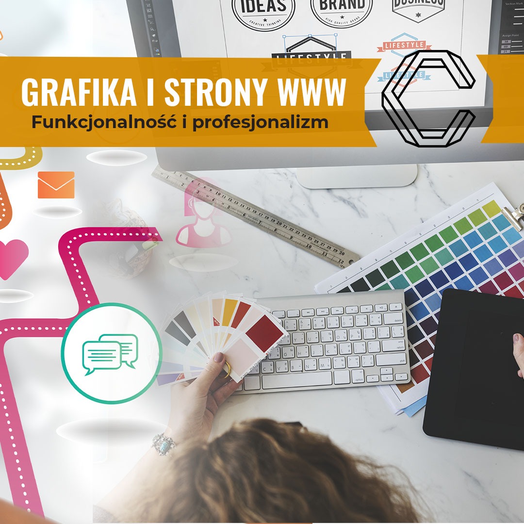 Biurko grafika z paletą kolorów w dłoni, tabletem graficznym, klawiaturą Apple i monitorem wyświetlającym projekty logo, nakładka graficzna z napisem 'Grafika i strony WWW'