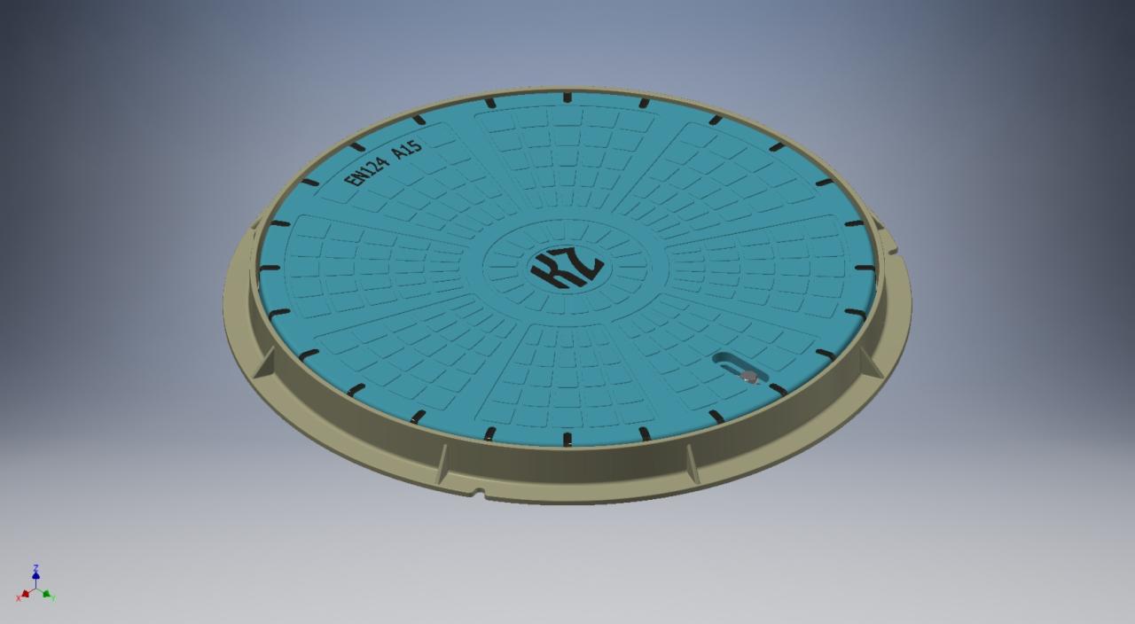 Model 3D pokrywy studzienki kanalizacyjnej z tworzywa sztucznego, z oznaczeniem EN124 A15 i logo producenta w centrum, prezentowany na szarym tle.