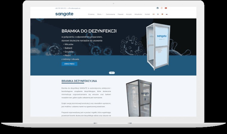 Strona internetowa dla firmy Sangate, zajmującej się sprzedażą urządzeń do dezynfekcji