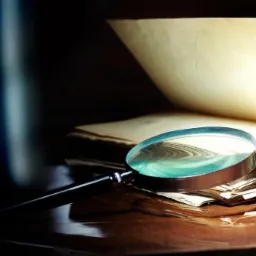 Otwarta, stara książka z pożółkłymi kartkami leżąca na drewnianym stole, z lupą na wierzchu, oświetlona z góry delikatnym światłem.