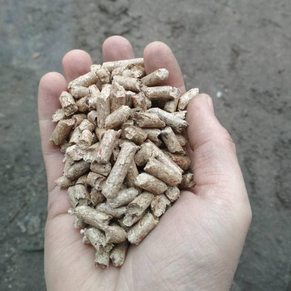 Otwarta dłoń trzymająca garść jasnych, drewnianych pelletów na tle szarej, betonowej powierzchni.