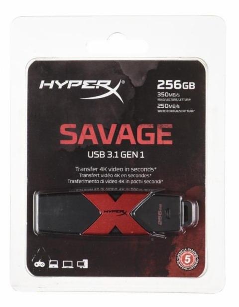 Pamięć USB HyperX Savage 256GB w opakowaniu, z widocznym logo i informacjami o szybkości transferu danych.
