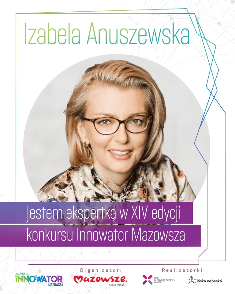 Portret Izabeli Anuszewskiej, ekspertki w XIV edycji konkursu Innowator Mazowsza, na tle grafiki z logo organizatorów.