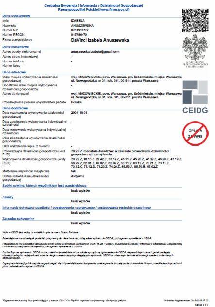 Skan dokumentu z Centralnej Ewidencji i Informacji o Działalności Gospodarczej, zawierający dane firmy DaVinci Izabela Anuszewska, w tym numer NIP, REGON, adres, datę rozpoczęcia działalności...