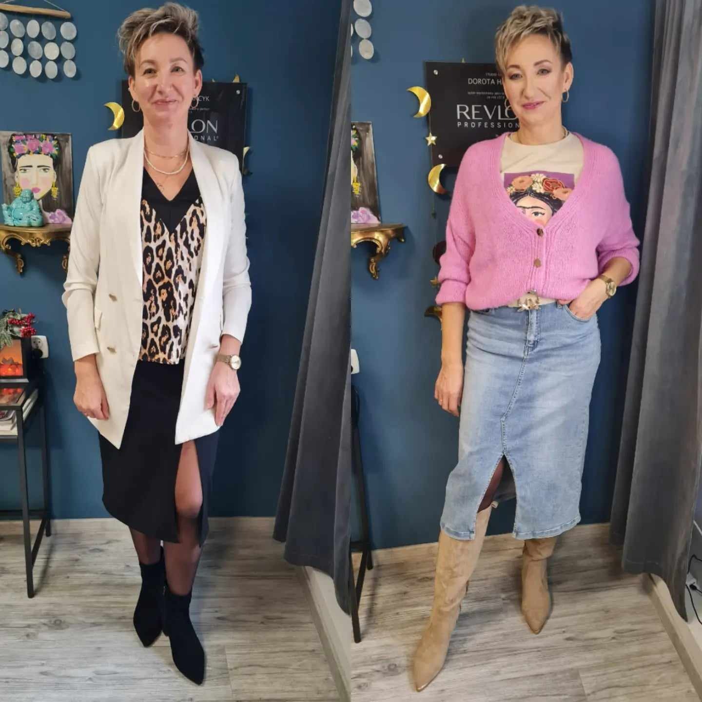 Kobieta przed i po metamorfozie: po lewej w białej marynarce i czarnej spódnicy, po prawej w różowym kardiganie i jeansowej spódnicy, obie stylizacje z rozcięciem spódnicy.