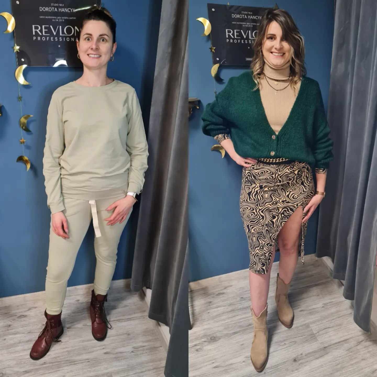 Kobieta przed i po metamorfozie: zmiana stylu ubioru, fryzury i makijażu, widoczna na tle niebieskiej ściany z dekoracjami.