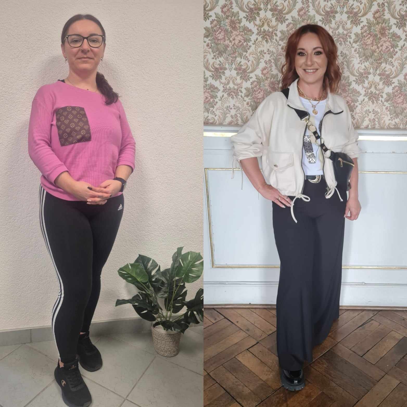 Kolaż przedstawiający kobietę przed i po metamorfozie: po lewej w różowym swetrze i legginsach, po prawej w białej kurtce, czarnych spodniach i z nową fryzurą.