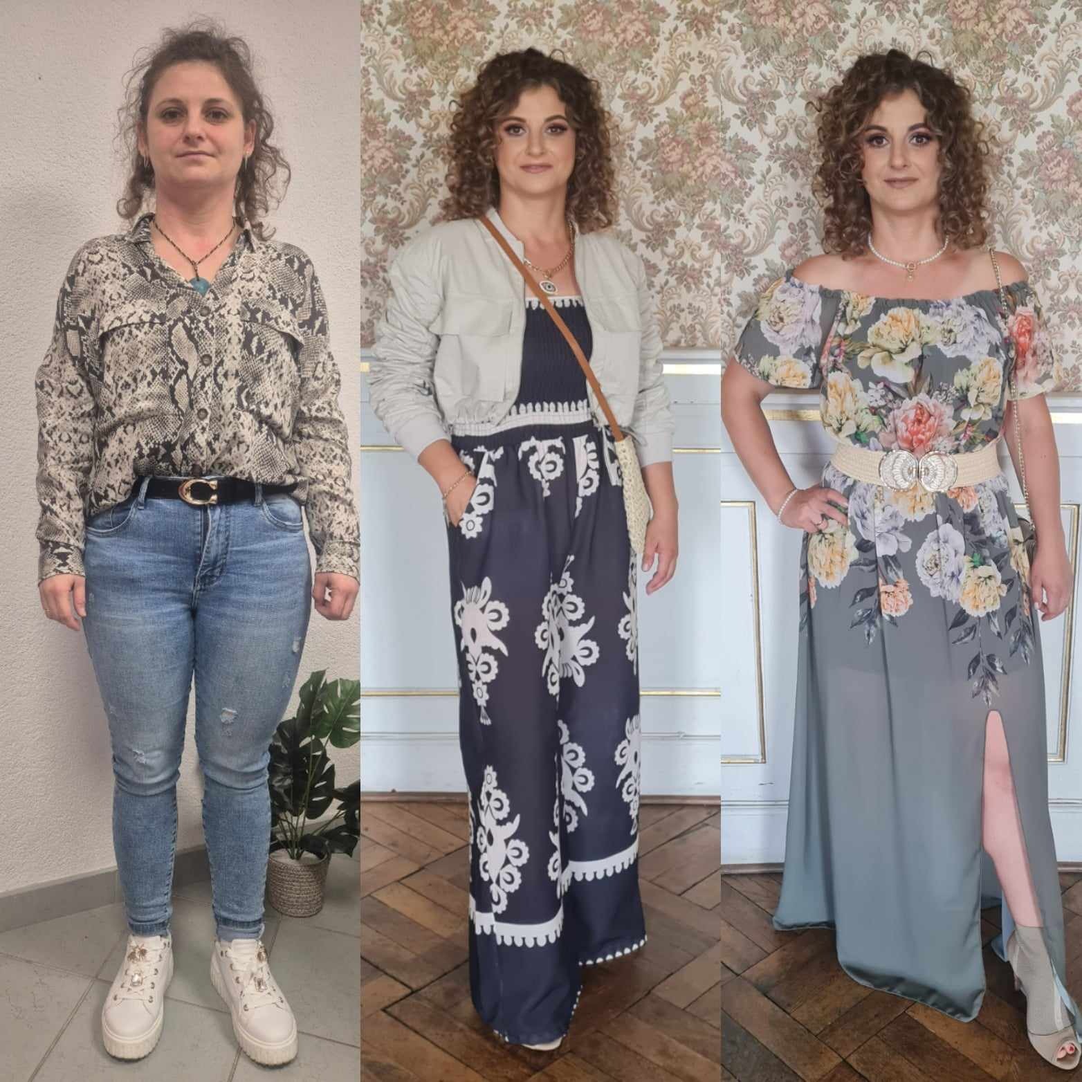 Kolaż przedstawiający kobietę w trzech różnych stylizacjach: codzienna w jeansach i koszuli w wężowy wzór, casualowa w kombinezonie i kurtce, oraz elegancka w długiej sukience w kwiaty z rozcięciem...