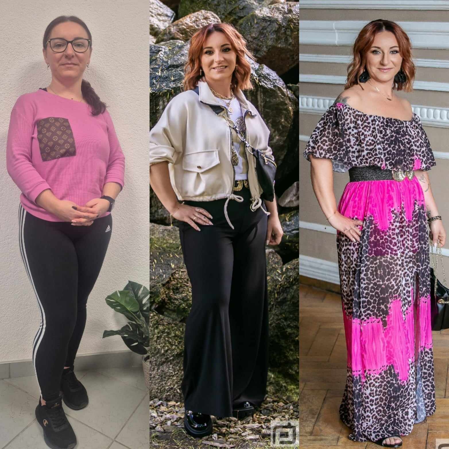 Kolaż trzech zdjęć kobiety przed i po stylizacji: codzienna stylizacja, stylizacja na zewnątrz z kurtką i stylizacja wieczorowa z wzorzystą sukienką.