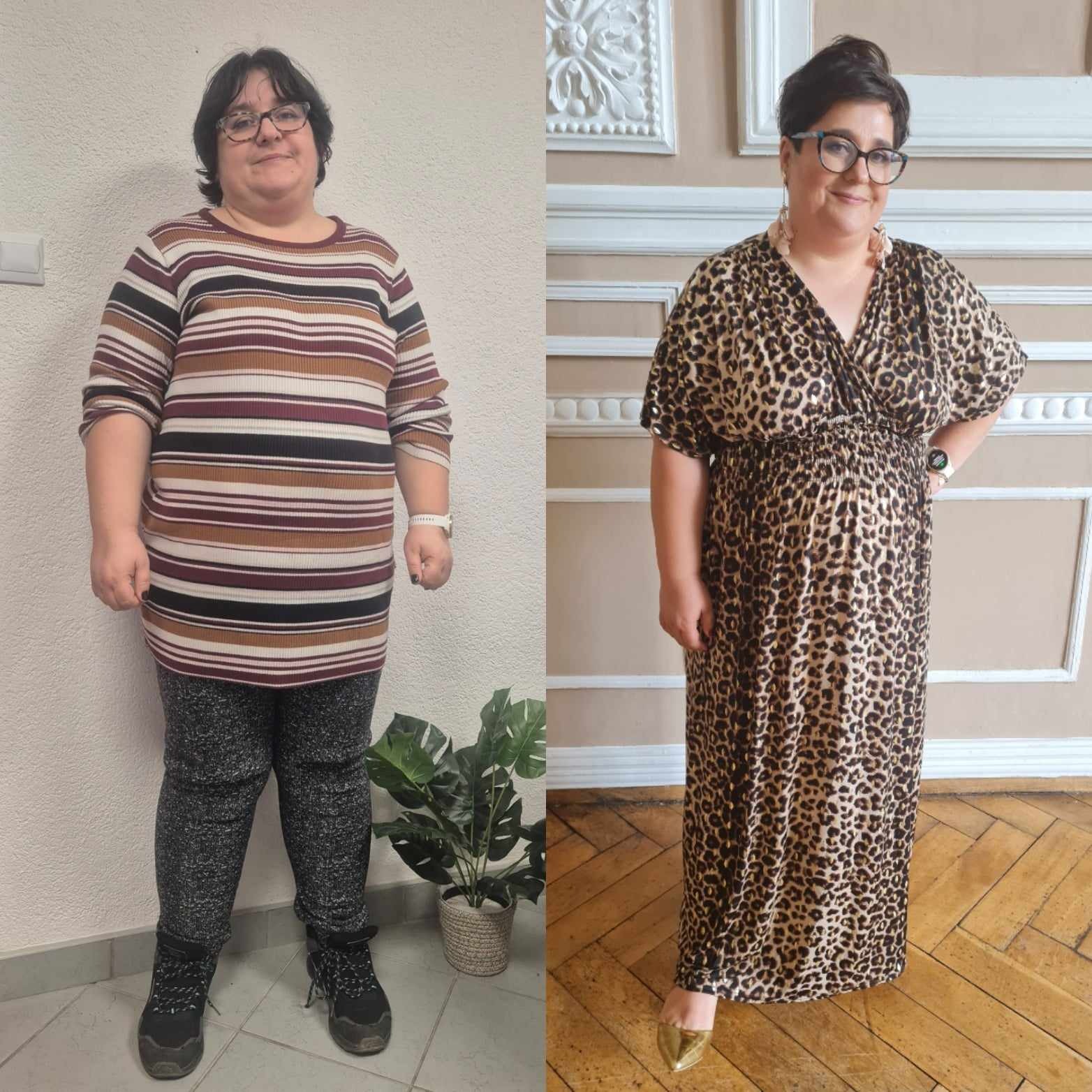 Zdjęcie typu 'przed i po' przedstawia kobietę przed i po metamorfozie, widoczna zmiana w wyglądzie i stylu ubioru, po prawej stronie kobieta w długiej sukience w panterkę i złotych butach.