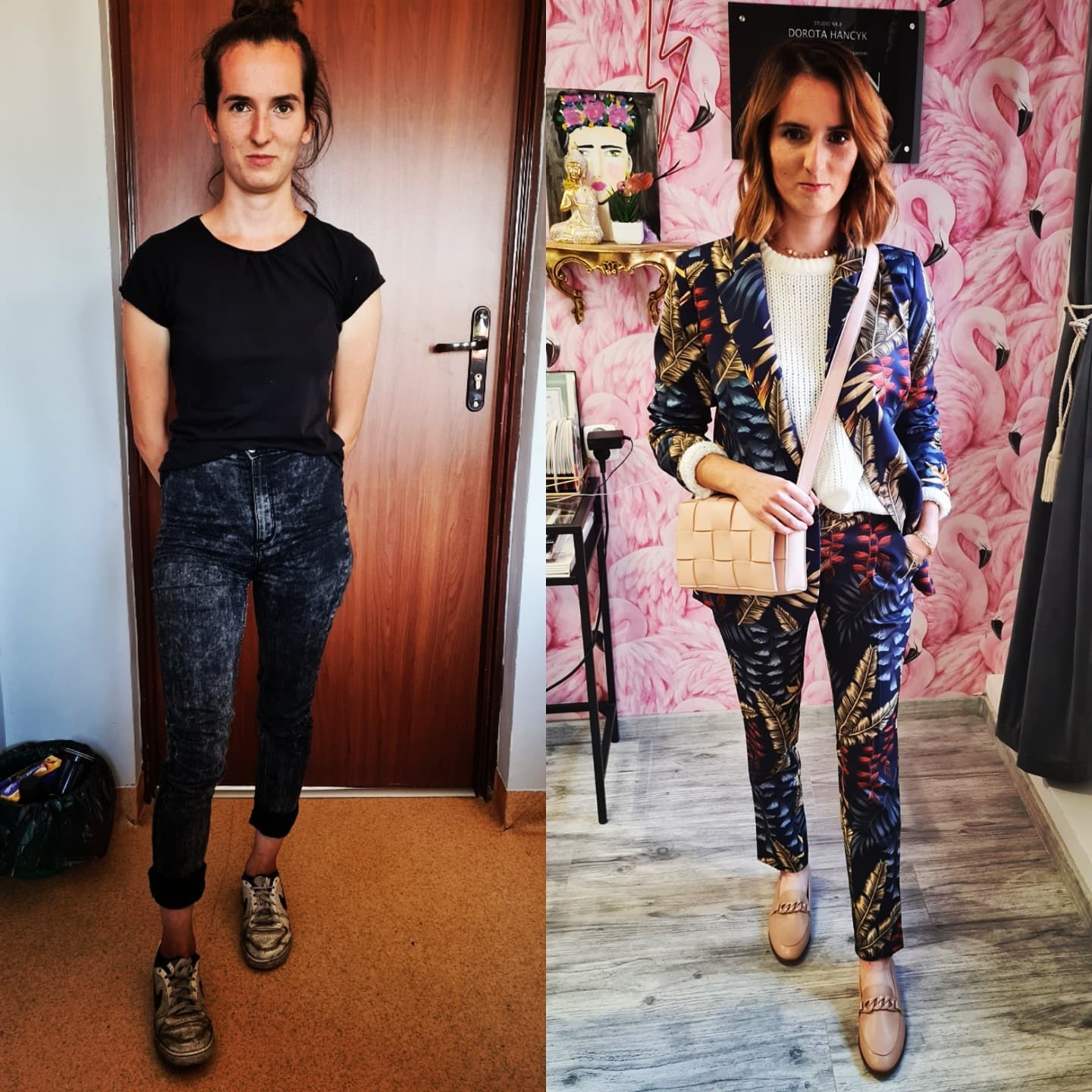 Metamorfoza: kobieta przed i po stylizacji, zmiana ubioru, fryzury i makijażu w salonie z flamingami na tapecie.