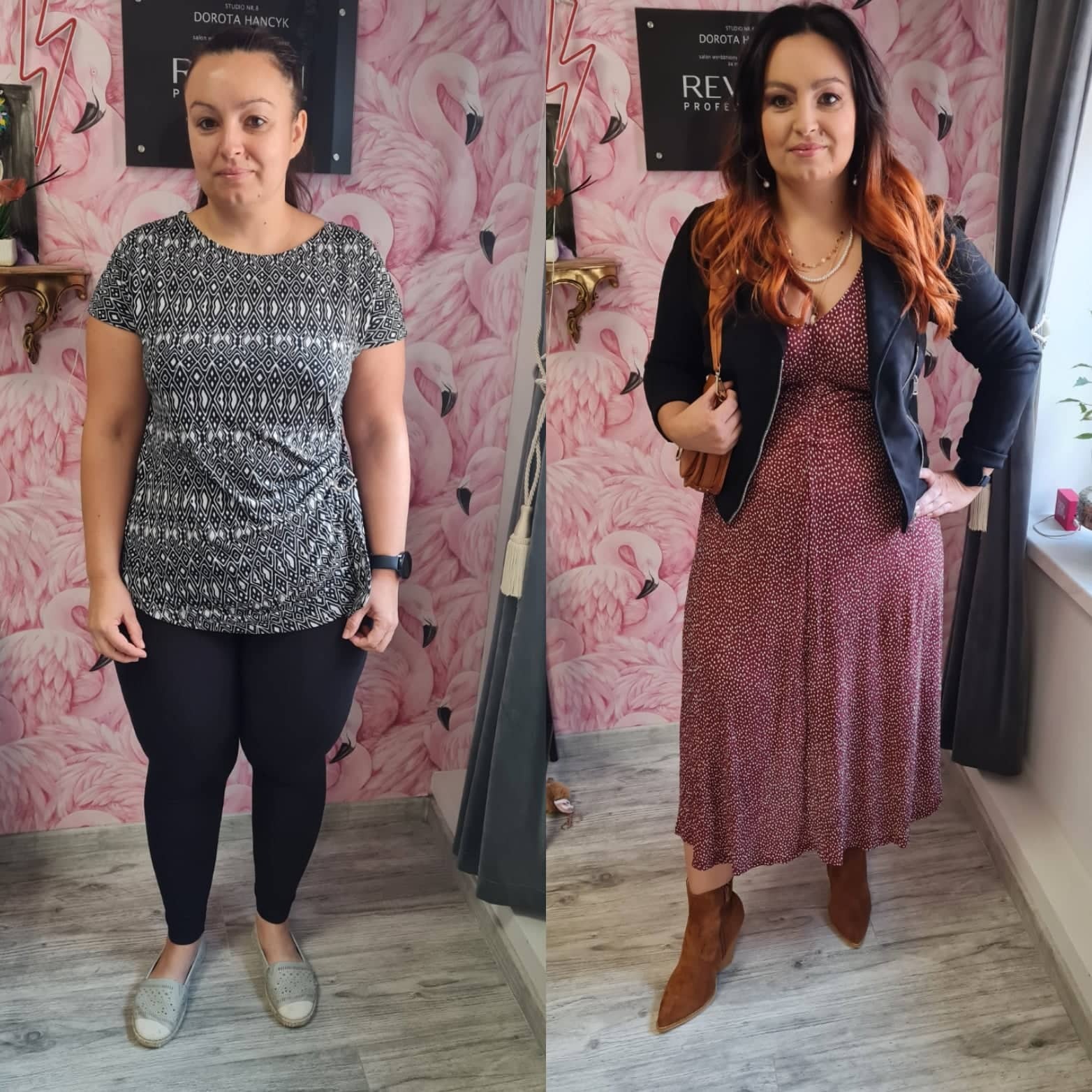 Metamorfoza sylwetki: kobieta przed i po stylizacji. Po lewej stronie ubrana w czarne legginsy i wzorzystą bluzkę, po prawej w sukienkę w kropki, brązowe botki i czarną kurtkę. Tło w różowe flamingi.