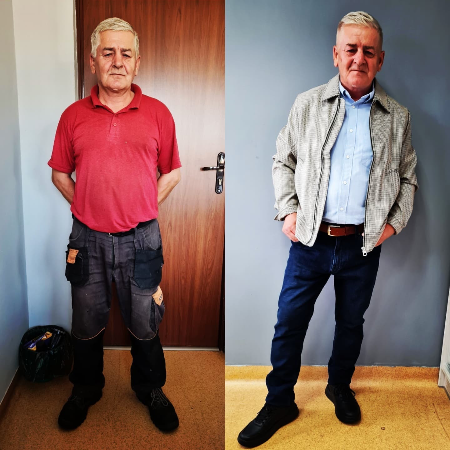 Mężczyzna przed i po zmianie ubioru: od roboczego stroju z czerwonym polo i spodniami z kieszeniami narzędziowymi do stylizacji z niebieską koszulą, kurtką w kratę i dżinsami.