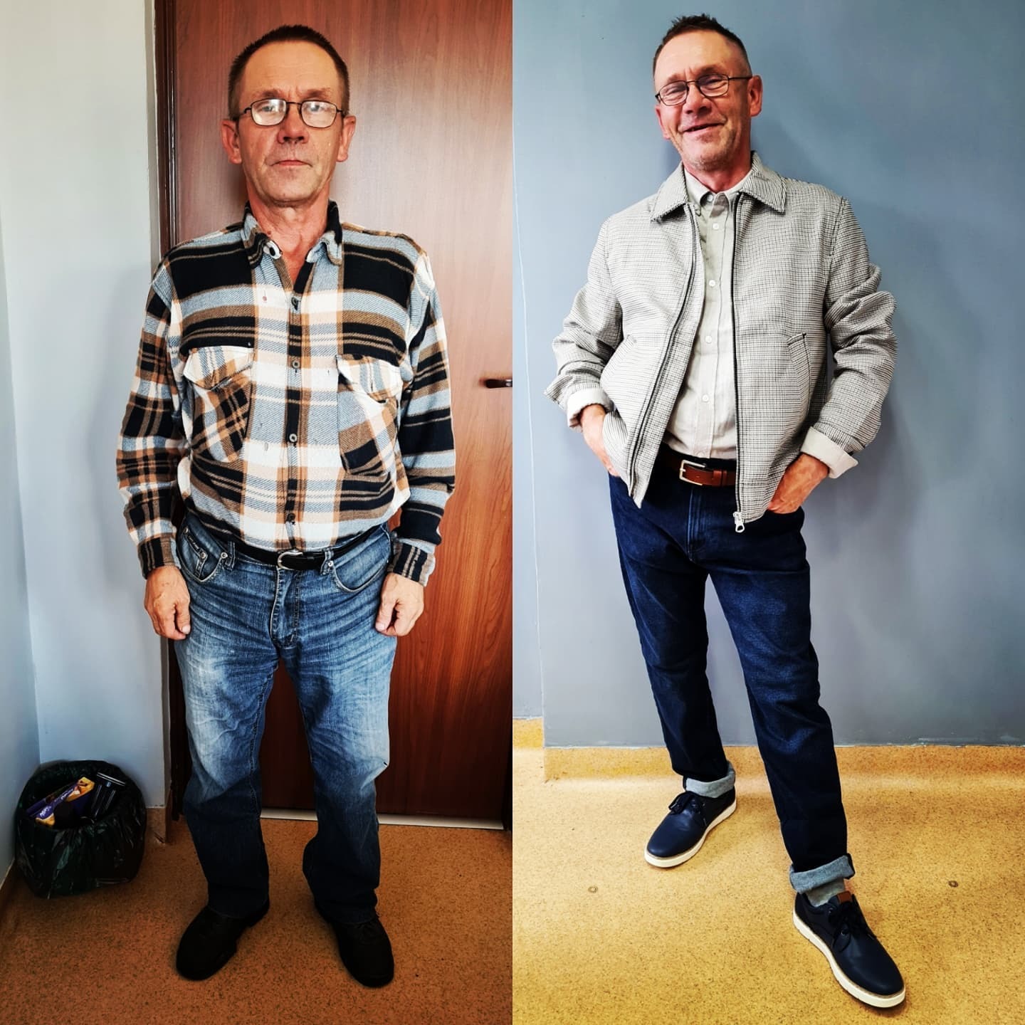 Mężczyzna prezentuje metamorfozę ubioru: po lewej w flanelowej koszuli w kratę i dżinsach, po prawej w kurtce w drobną kratkę, koszuli i dżinsach z podwiniętymi nogawkami.