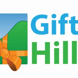 Logo firmy Gift Hill przedstawiające stylizowany prezent z pomarańczową kokardą, zieleń i błękit, z nazwą firmy w kolorze niebieskim i zielonym.