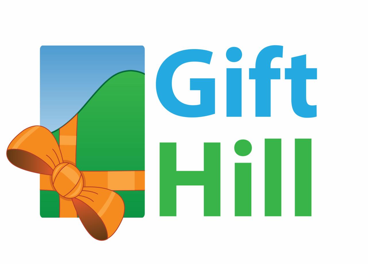 Logo firmy Gift Hill przedstawiające stylizowany prezent z pomarańczową kokardą, zieleń i błękit, z nazwą firmy w kolorze niebieskim i zielonym.