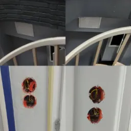 Fragment wnętrza w trakcie remontu: ściana z imitacją cegły, pomalowana ściana, fragment schodów z drewnianą balustradą, puszki elektryczne z okablowaniem przed montażem gniazdek.