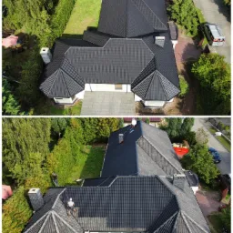 Dwa ujęcia z lotu ptaka prezentujące dom z ciemnoszarą dachówką, na drugim zdjęciu widoczny pracownik na dachu podczas pracy, z drabiną opartą o ścianę.