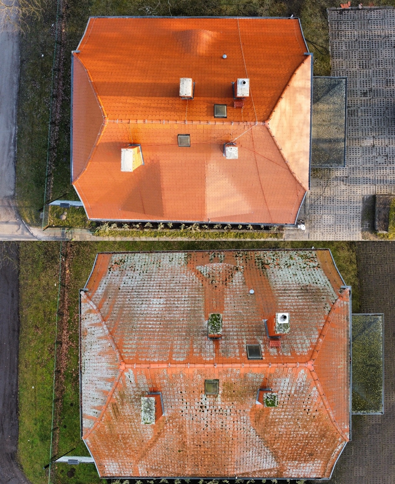 Porównanie dachu przed i po czyszczeniu, widok z góry ukazuje znaczną różnicę w kolorze i czystości dachówki, z usuniętym mchem i zabrudzeniami.