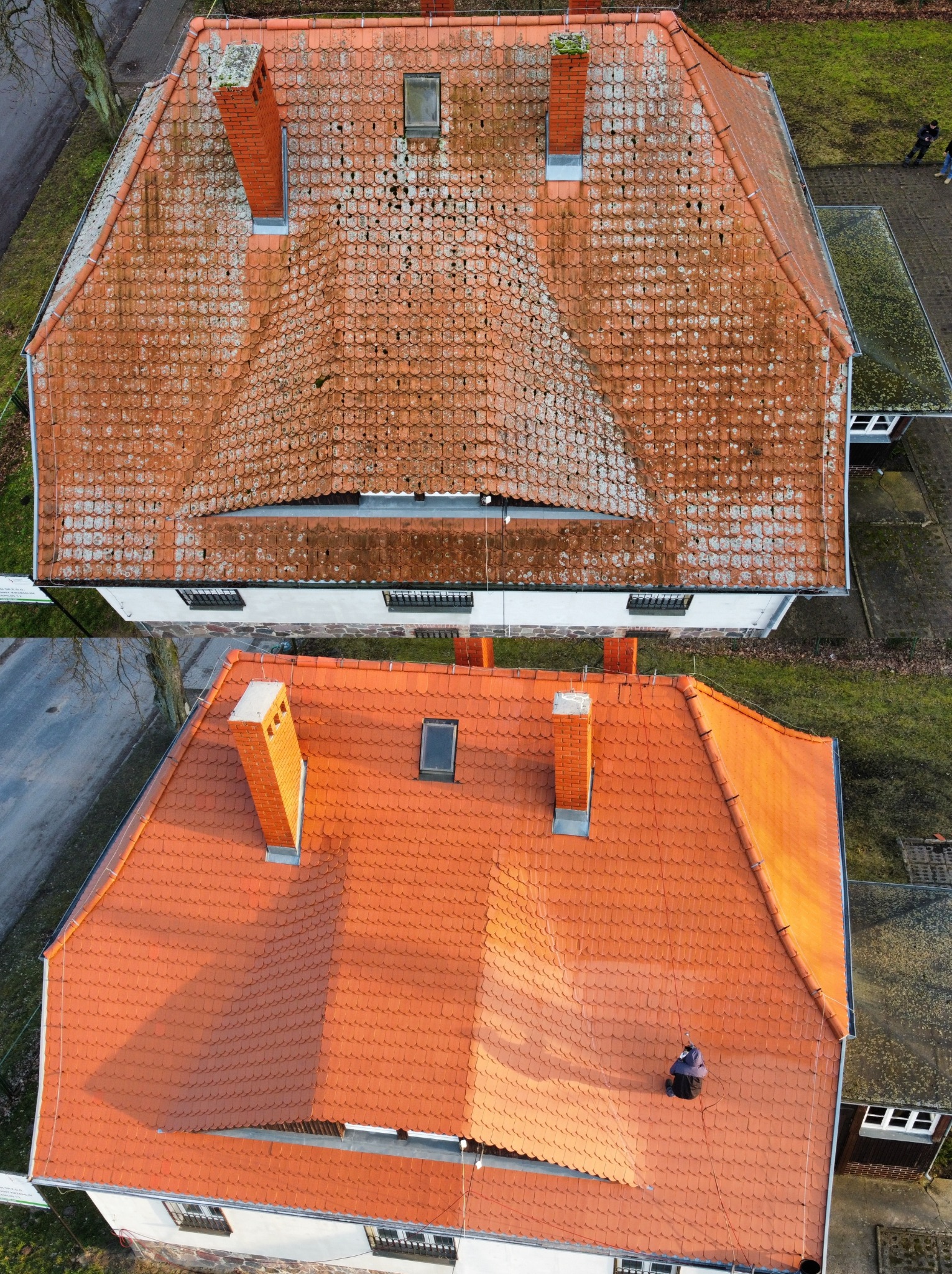 Widok z góry na dwa dachy z czerwonej dachówki. Górny dach jest częściowo pokryty mchem i zabrudzeniami, a dolny dach jest czysty i świeżo wyglądający. Na dolnym dachu widać postać w ciemnym ubraniu.