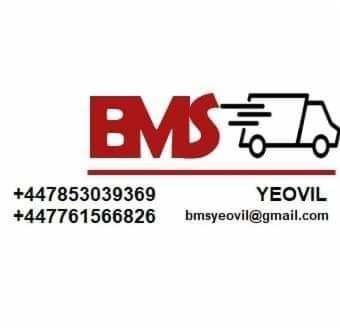 Logo firmy BMS Yeovil z numerami telefonów i adresem email, obok stylizowany rysunek ciężarówki w ruchu.