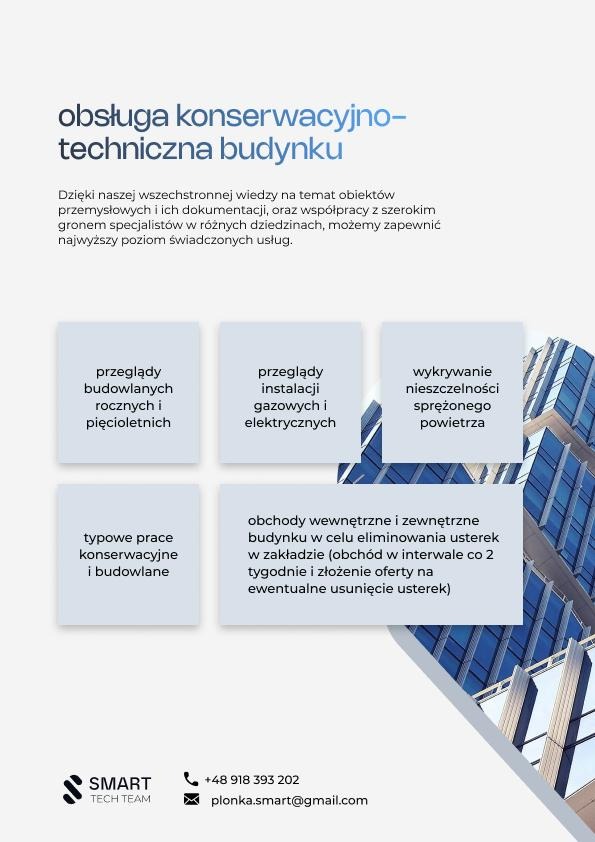 Grafika reklamowa firmy oferującej obsługę konserwacyjno-techniczną budynków, z wyszczególnionymi usługami: przeglądy budowlane roczne i pięcioletnie, przeglądy instalacji gazowych i elektrycznych,...