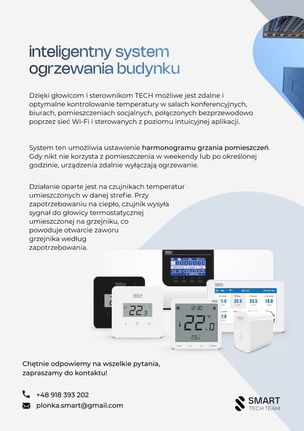 Ilustracja systemu inteligentnego ogrzewania budynku TECH, prezentująca zestaw urządzeń: sterowniki, czujniki temperatury i głowice termostatyczne, z wyświetlaczami pokazującymi aktualne odczyty...