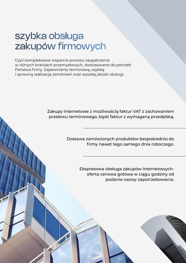 Grafika reklamowa z tekstem o szybkiej obsłudze zakupów firmowych, z widokiem na nowoczesny budynek biurowy w tle.