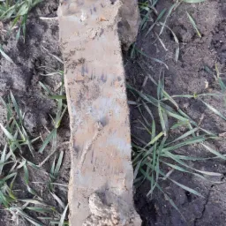 Próbka gruntu o przekroju prostokątnym, wyjęta z ziemi, leżąca na tle trawy i gleby.