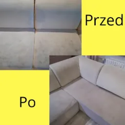 Porównanie stanu kanapy narożnej przed i po czyszczeniu: widoczne plamy i zabrudzenia na górnym zdjęciu, a na dolnym czysta, jasna tapicerka.
