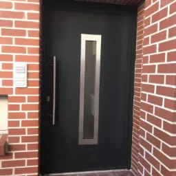 Ciemne drzwi wejściowe z pionowym przeszkleniem w srebrnej ramie, osadzone w murze z czerwonej cegły z białymi fugami. Widoczny domofon po lewej stronie.
